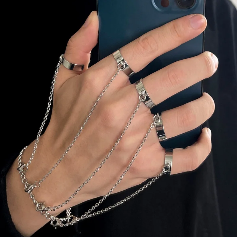 Geometrische Silber Farbe Handgelenk Armband für Männer Frauen Punk Ring Kette Charme Set Mode Paar Schmuck Geschenke Pulsera Mujer Image