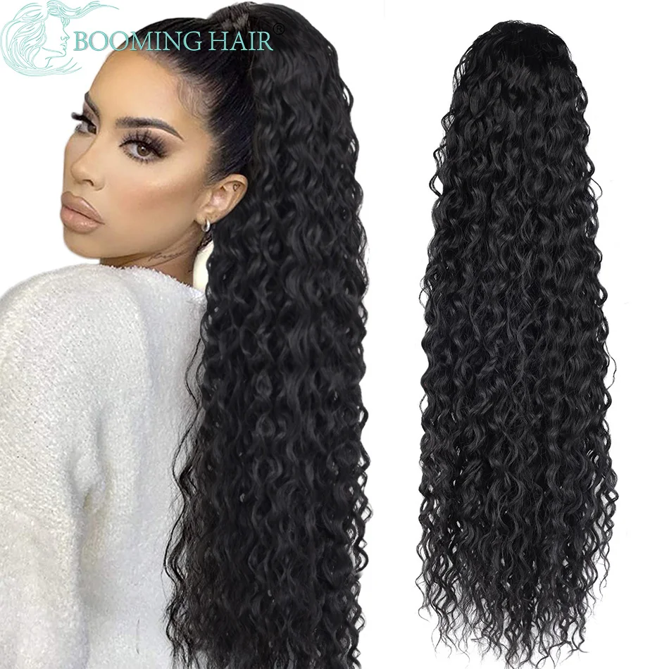 Lockige Pferdeschwanz Extensions Clip in Synthetische Kordelzug Pferdeschwanz Perücke Lange 32 Zoll Wasser Welle Afro Pony Schwanz Frauen Haarteil Falsche Image