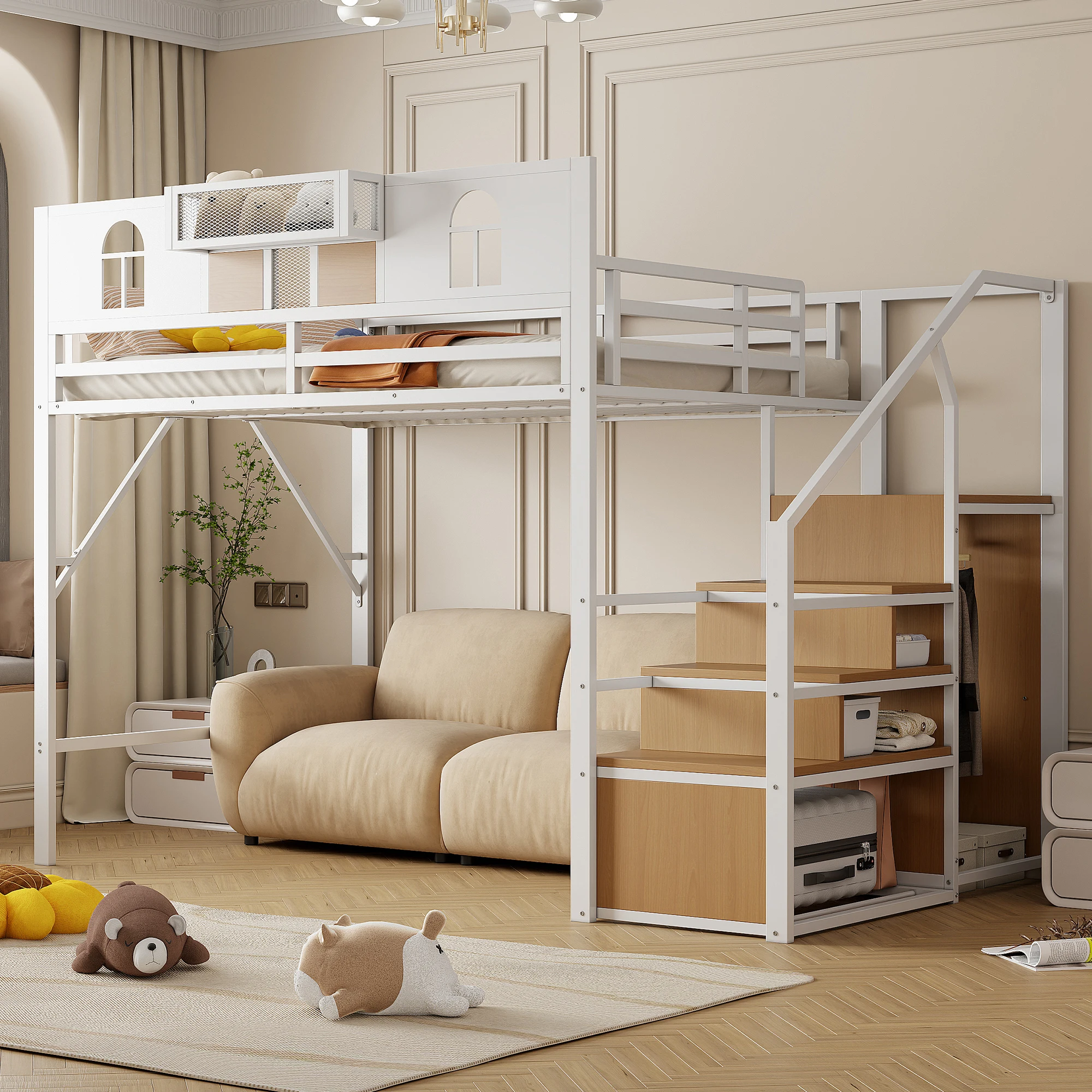 Metall-Hochbett 140 x 200 cm, mit Aufbewahrungsleiter, Holzplatten und Netzstoff, einzigartiges erhöhtes Geländer, Ablagefach am Bett Image