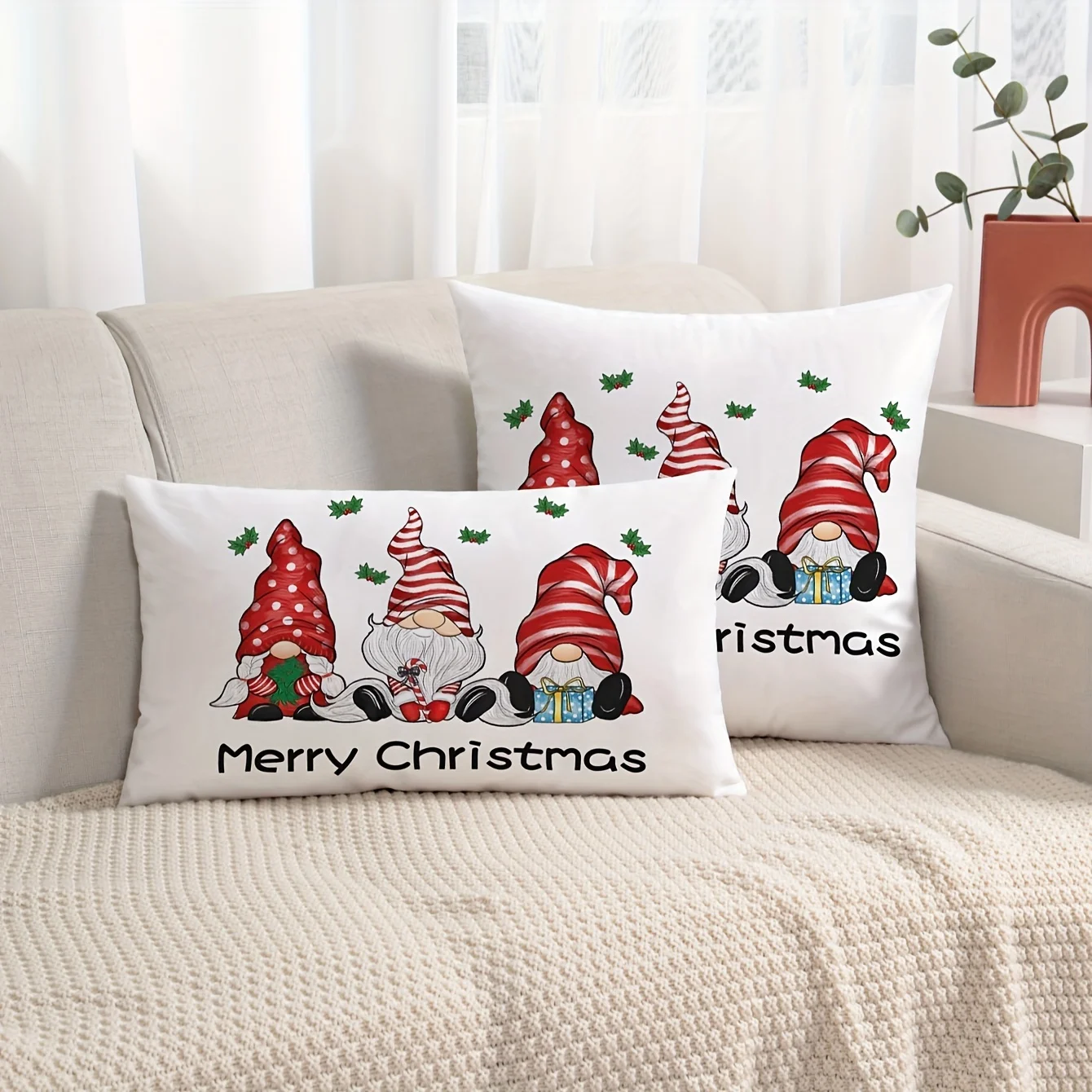 Frohe Weihnachten Kissenbezüge Gnome Weihnachtsdekorationen Bauernhaus Wurfkissenbezug Weiches Polyester Dekor Quadratischer Hülle Image