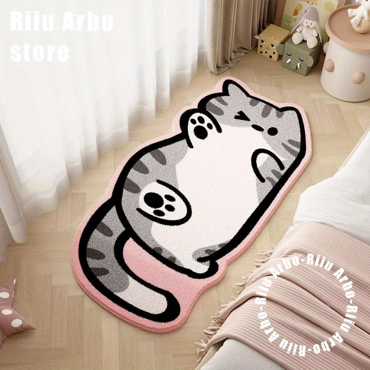 VIKAMA Teppich in Katzenform, nordischer Instagram-Stil, rosa Spitze, Schlafzimmer, Wohnzimmer, Heimdekoration, weich und maschinenwaschbar Image