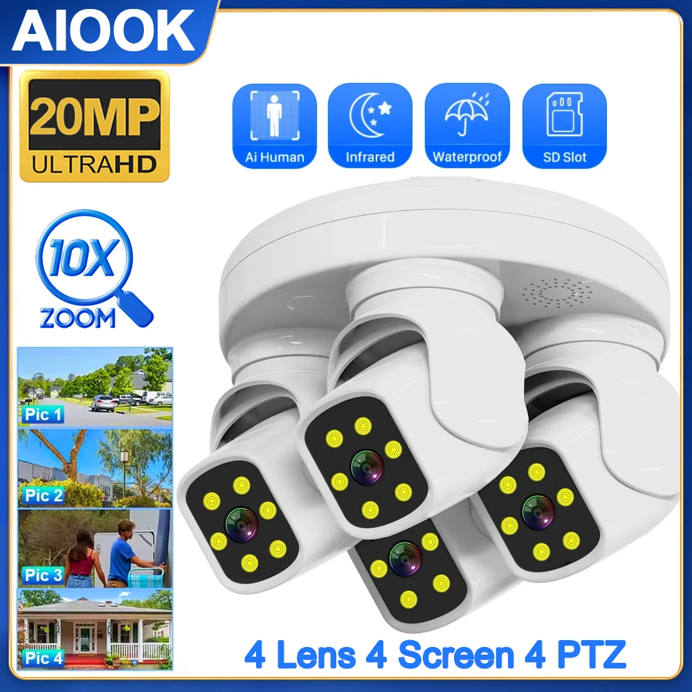 AIOOK ICAM365 Vierobjektiv Wifi Kamera HD 20mp 10X ZOOM Outdoor IP Kamera Mobile Tracking Nachtsicht PTZ Kamera Zwei-weg Intercom Image
