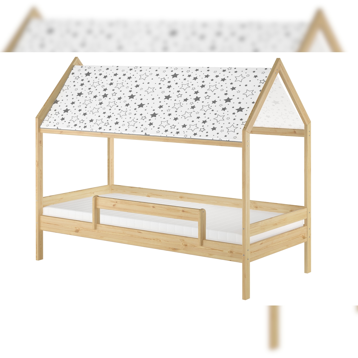 Erst-Holz Holzbett mit Himmel u.Fallschutz Hausbett Kinderhaus 90x200 Bett Kiefer mass. weiteres Zubehör wählbar V-60.58-09 Rollrost und Matratze inkl. Image