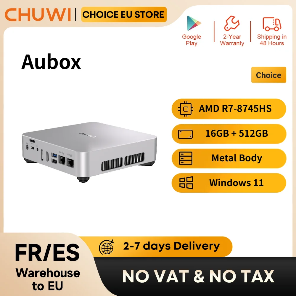 Mini PC CHUWI AuBox AMD R7 8745HS avec OCulink, 16 Go de RAM, SSD 512 Go, Windows 11, écran 4K 60 Hz, WiFi 6, BT 5.1, extension M.2 2T*2