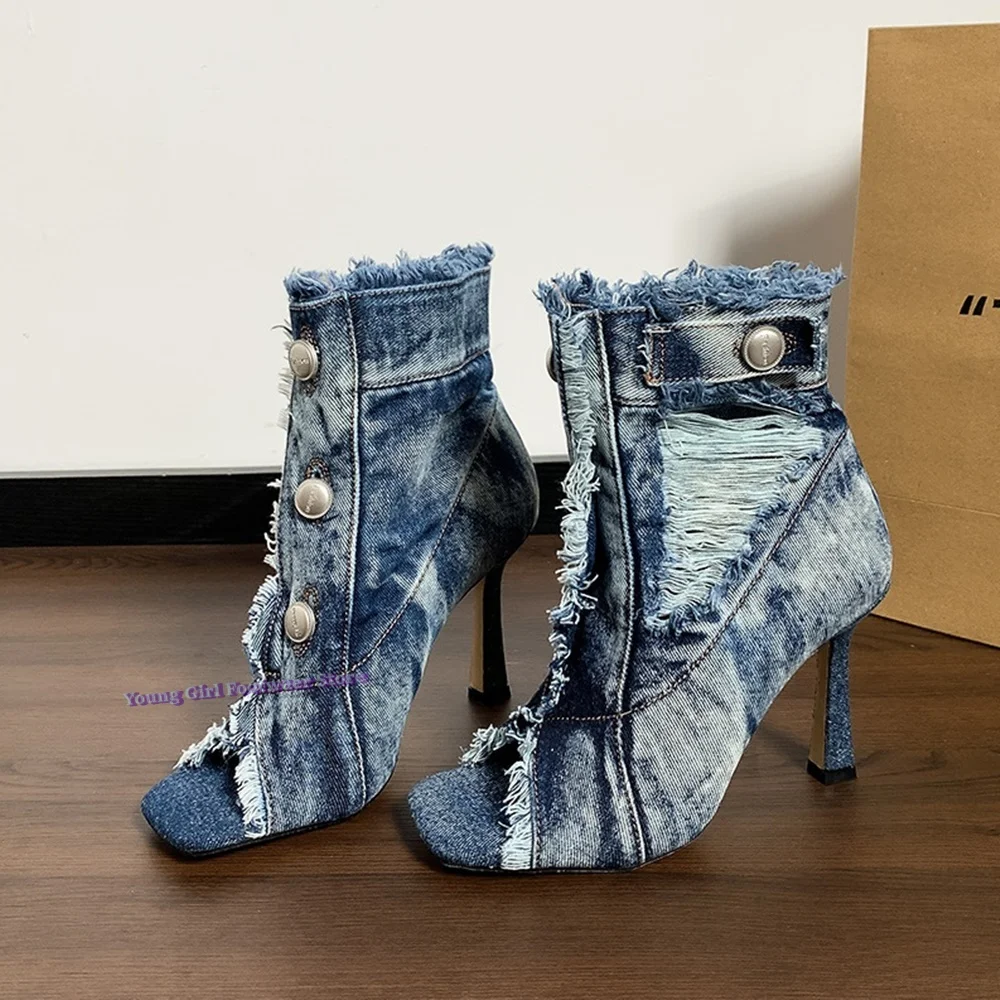 Denim Blau Stiletto Heels Damen Schuhe Knopf Dekoration Undichte Zehen Sandalen Quadratischen Kopf Stiefeletten Sexy Stiefel Europa Neue