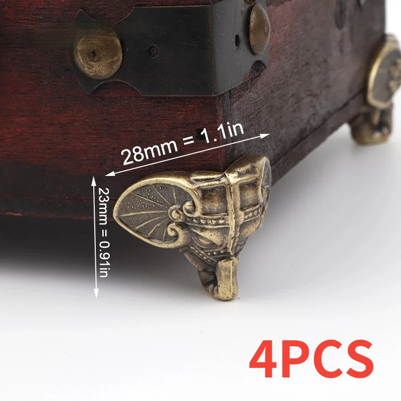 4 Stück 28 x 23 mm antike Bronze-Schmuckschatulle mit Elefanten-Design – Vintage-Aufbewahrungskoffer aus Holz mit schützenden Kunststofffüßen für