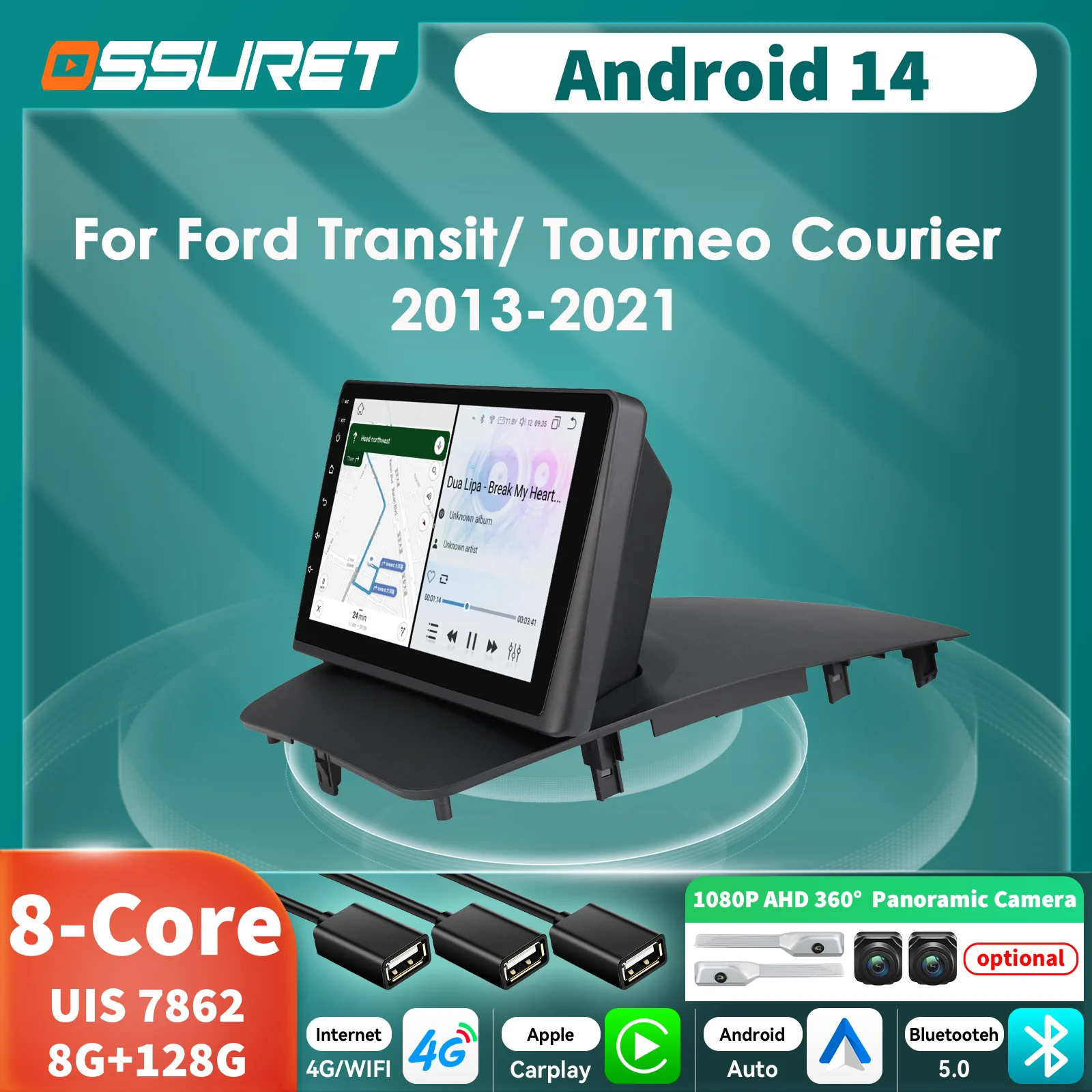 2DIN Android 14 Autoradio für Ford Transit Tourneo Courier 2013 - 2021 Multimedia-Player GPS 360-Kamera intelligente Fahrzeugsysteme Image