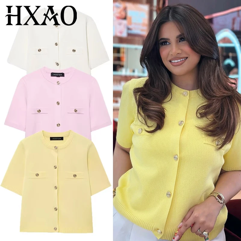 HXAO Crop-Strickjacke für Damen, Sommer 2025, Damenpullover, rosa, gelb, weiß, Strickwaren, elegant, schick, kurzärmelig, Mantel, Strickjacke