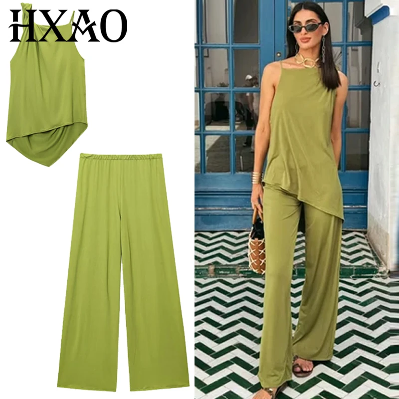 HXAO Grüne Hosen-Sets für Damen, zweiteiliges Set, gerüschtes, asymmetrisches Slip-Top, Anzug-Outfit, schickes, drapiertes Hosen-Set mit hoher Taille und weitem Bein Image