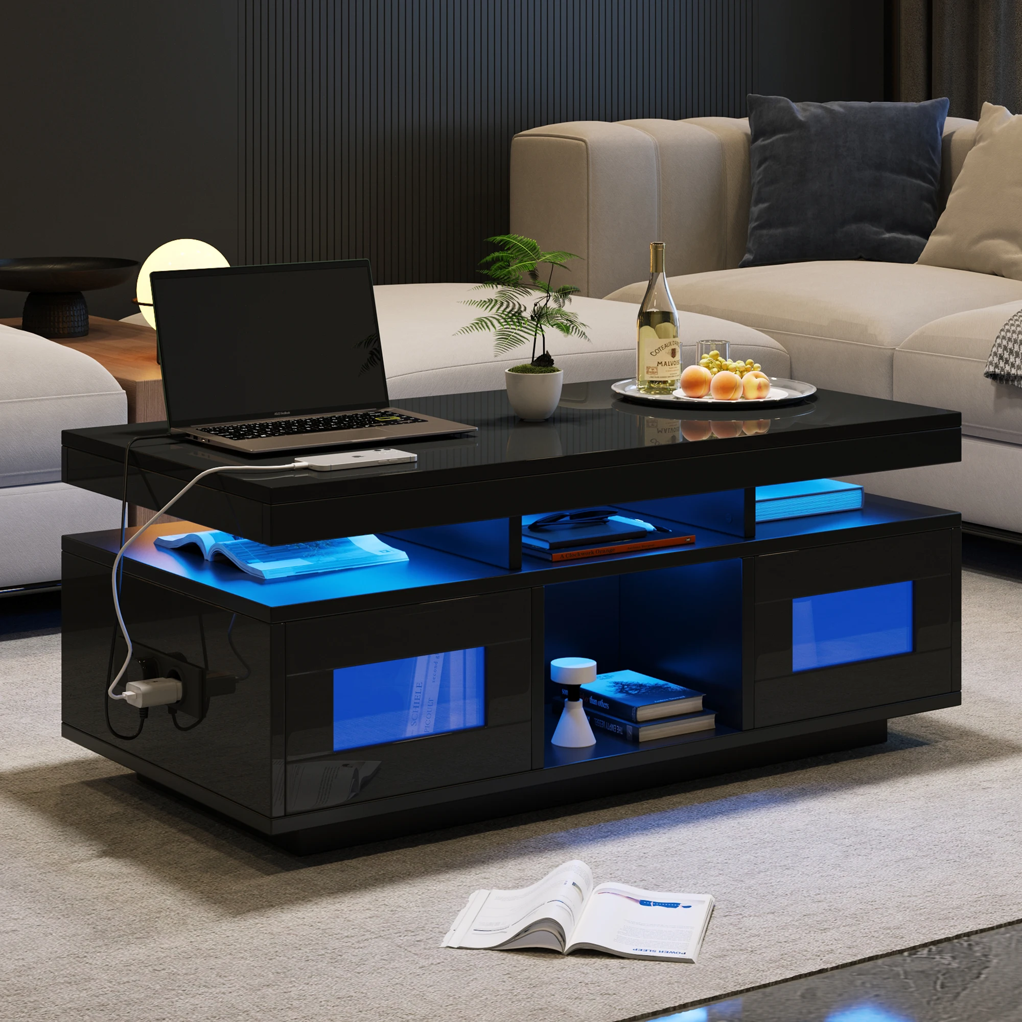 Hochglanz-Couchtisch mit per mobiler App steuerbaren LED-Leuchten,Sofatisch mit Ladeanschluss und steckdose,Wohnzimmertisch mit Schrank,weiß
