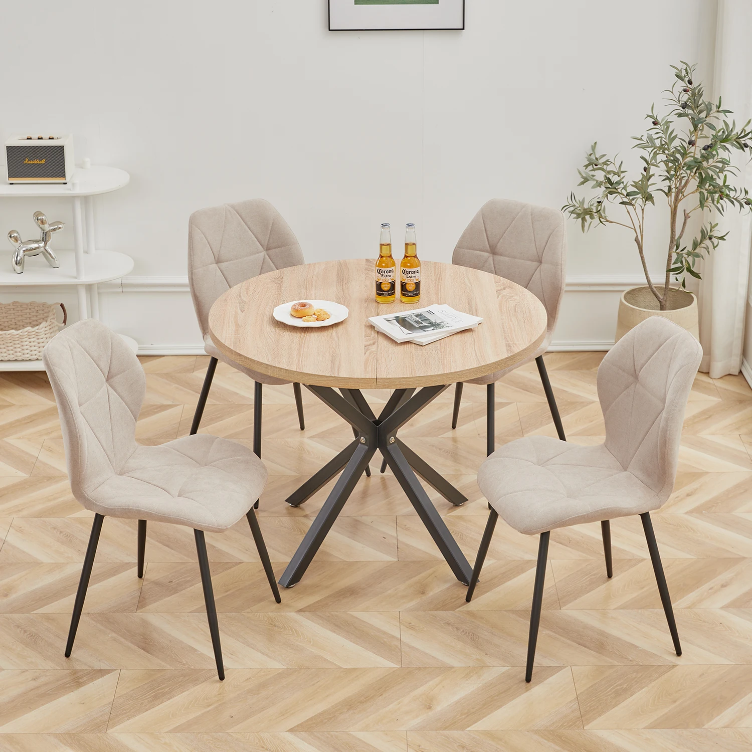 4-teiliges Esszimmerstuhl-Set + runder Esstisch, modernes rundes Esstisch-Set mit gepolsterten Stühlen, für Familien und Cafés