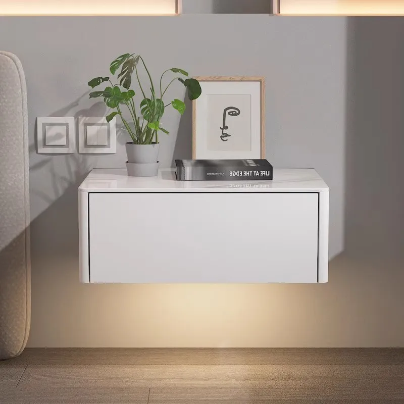 An der Wand montierter Nachttisch aus Holz, moderner, minimalistischer Nachttisch aus Kunstleder mit hängender Aufbewahrungsschrank aus Felsplatte