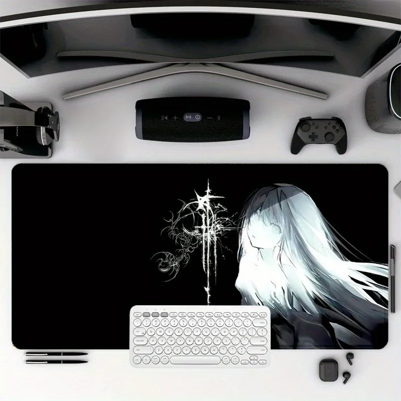 Anime Gothic Girl Mauspad, neue große, rutschfeste Gummi-Schreibtischunterlage mit genähtem Rand, langlebig, waschbar, Tastaturpads für Büro und Zuhause Image