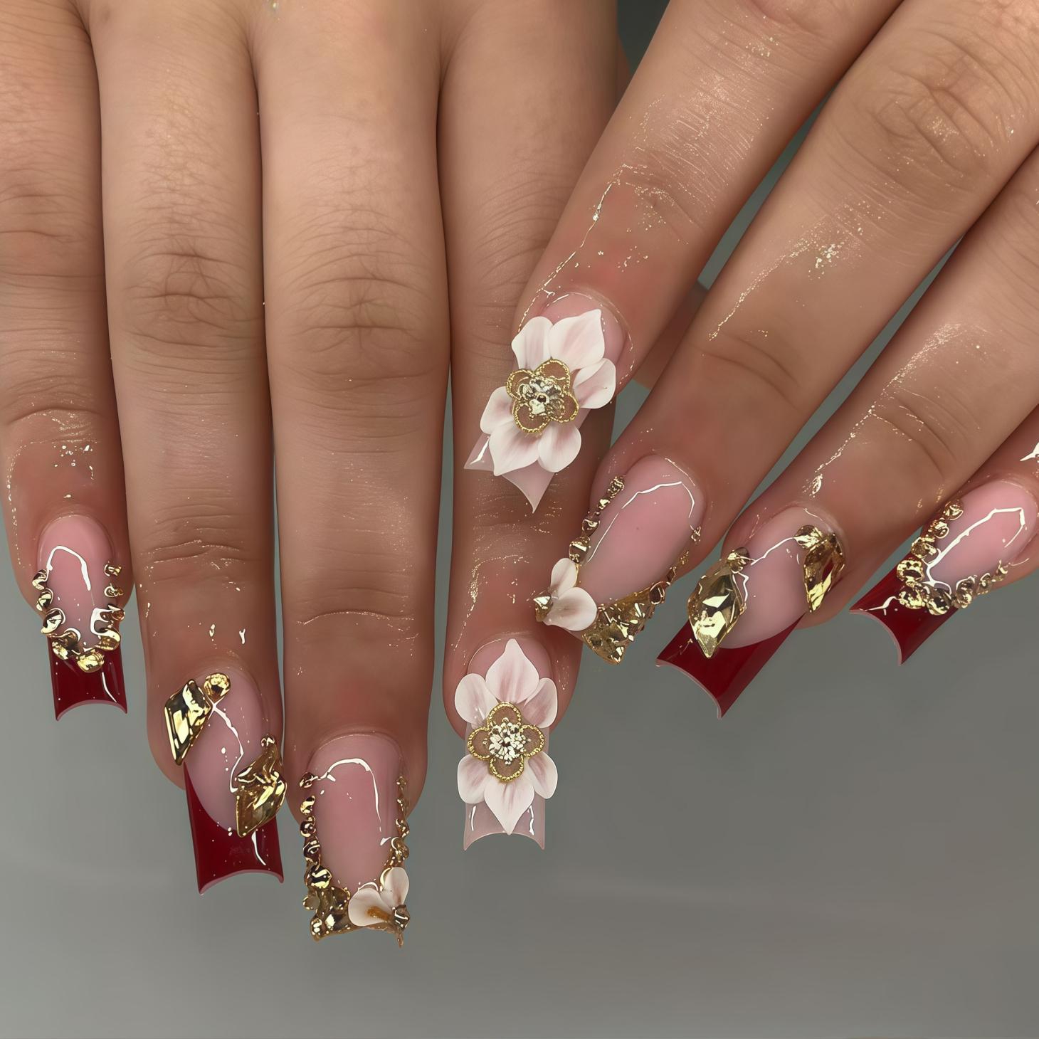 Unghie finte con fiori rosa, unghie dipinte a mano, unghie finte personalizzate, unghie 3D, unghie a stella, unghie acriliche, unghie finte, nail art