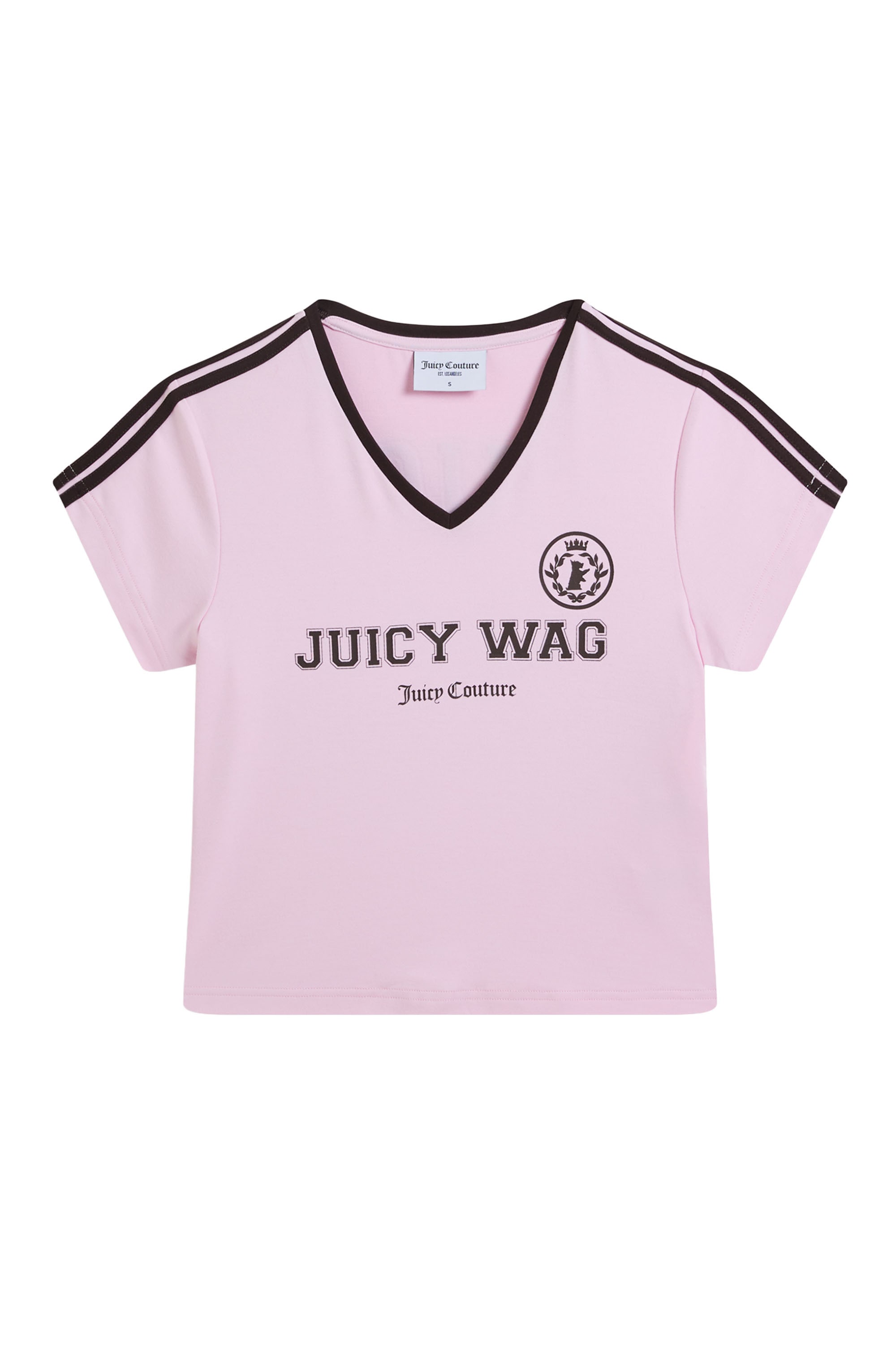 T-Shirt JUICY COUTURE "JUICY WAG V NECK TSHIRT. Damen", Damen, Gr. S, cherry blossom, Jersey, 66% Modal, 28% Viskose, 6% Elasthan, normal taillenlang, Rundhals, Shirts T-Shirt, T-Shirt Damen, Schriftzug, Sportshirt, Logoprint, Teamtrikot, Sale