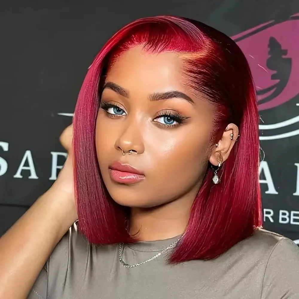 Parrucche bob lisce bordeaux 99J, parrucche senza colla, pronte da indossare, parrucche con frontino in pizzo 13x4, parrucche di capelli umani pre-tagliate senza colla per donne, colore rosso.