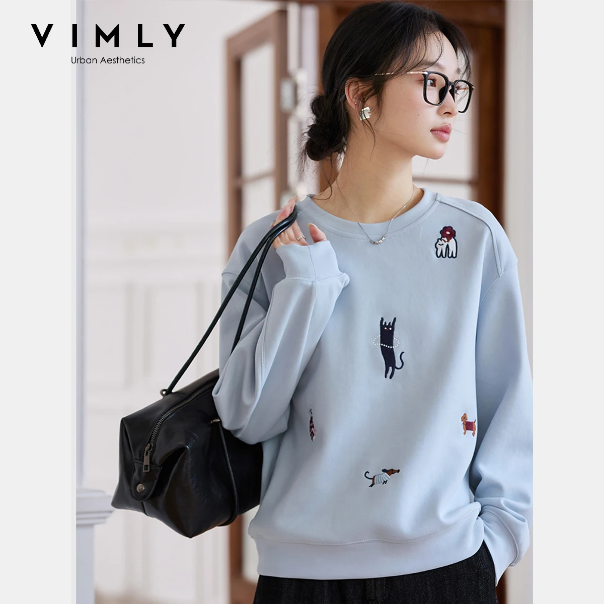 VIMLY Funny Graphic Sweatshirt 2026 Woman Blue Cat and Dog Embroidery Spring Autumn Casual Crew Neck Tops Female Clothes A0779