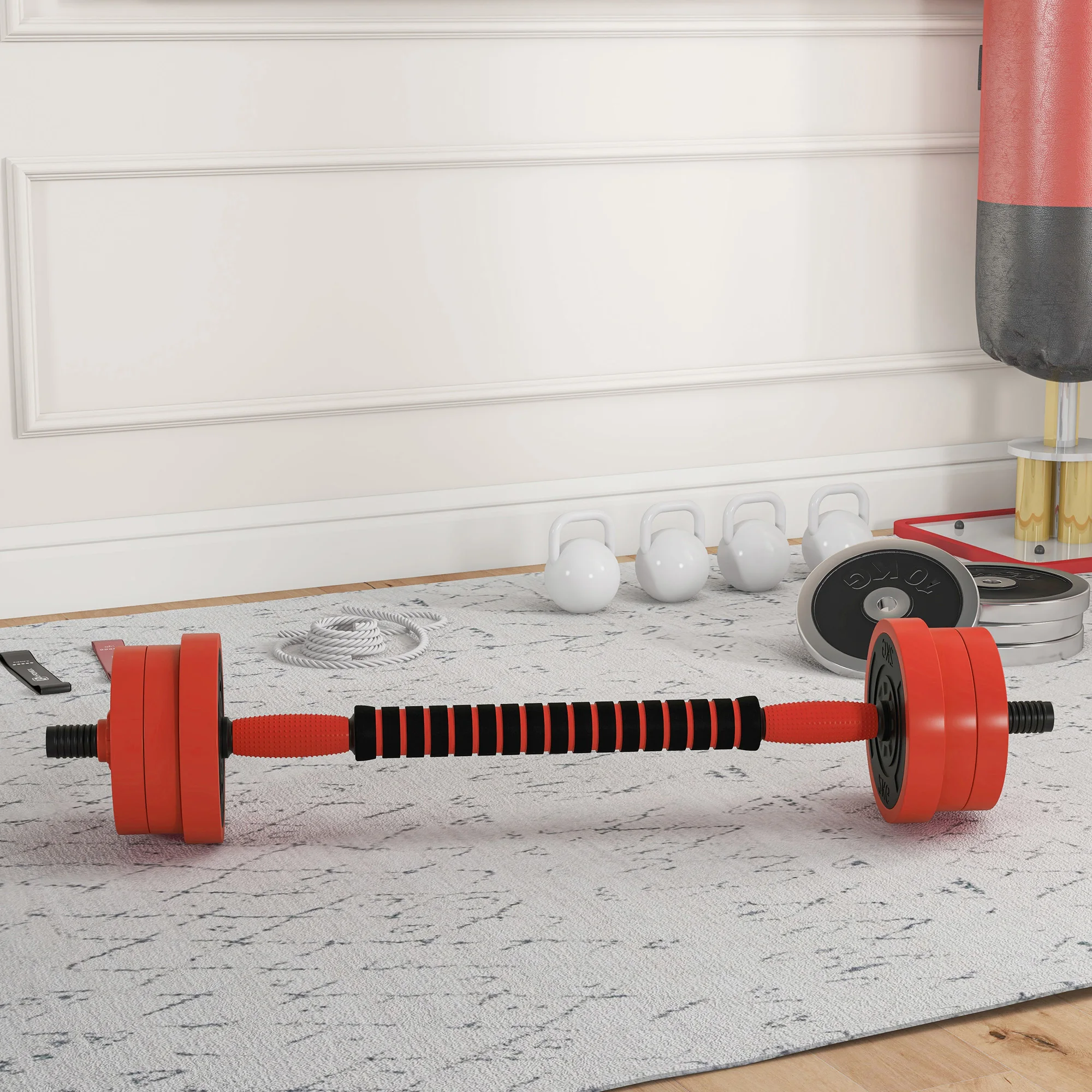 SPORTNOW Set Pesi da Palestra 4 in 1 da 30kg Totali in Plastica e Sabbia, Set Manubri Regolabili Utilizzabile come Kettlebell, 2 Manubri, Bilanciere e Supporto per Flessioni, Rosso