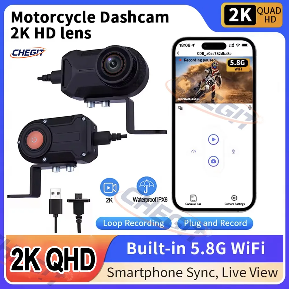 Telecamera per Moto 2K HD 2026 con WiFi, DVR, Dash Cam, Impermeabile IP65, 140° ° Registratore per Moto con Angolo Ampio e Registrazione in Loop per Guida All'aperto