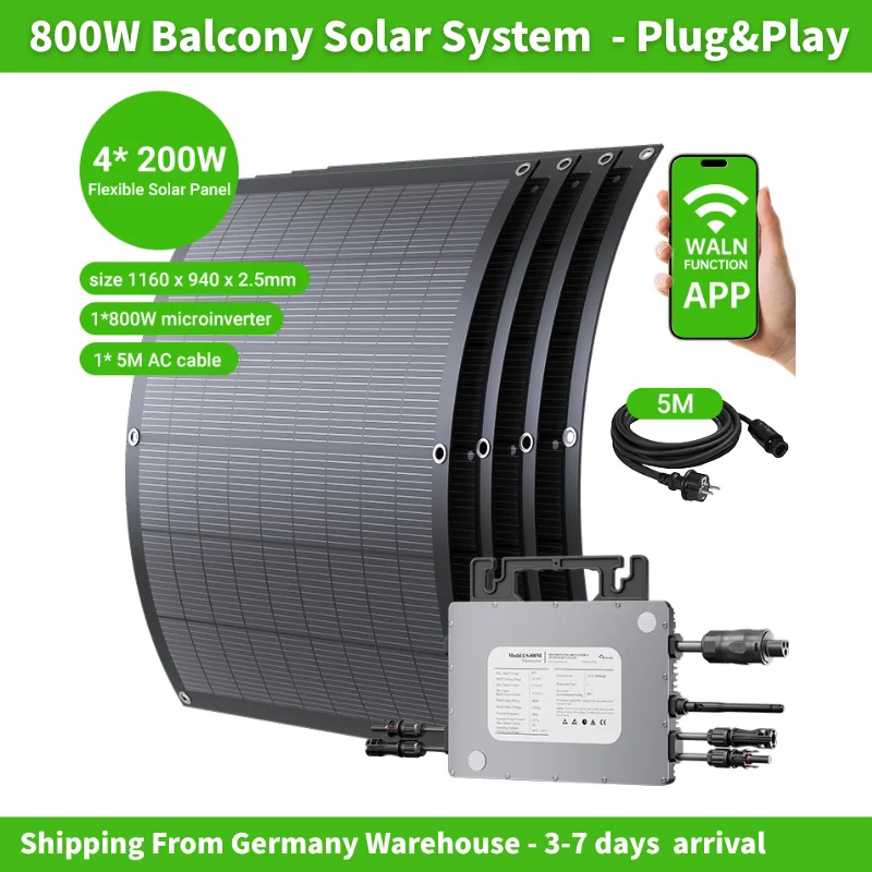 Micro Inverter da 800W e 4 Pannelli Solari Flessibili da 200W ad Alta Efficienza, Sistema Solare per Balcone Plug & Play