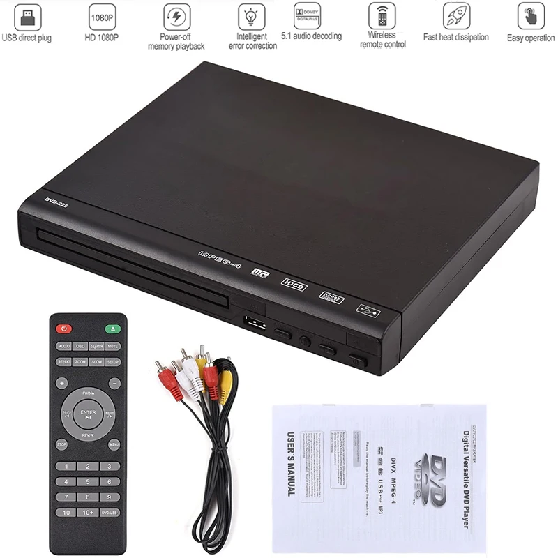 Lettore DVD Domestico Full HD 1080P, Lettore Multimediale Digitale per TV, Supporta DVD CD MP3 MP4 RW VCD, Sistema Home Theatre con Uscita AV