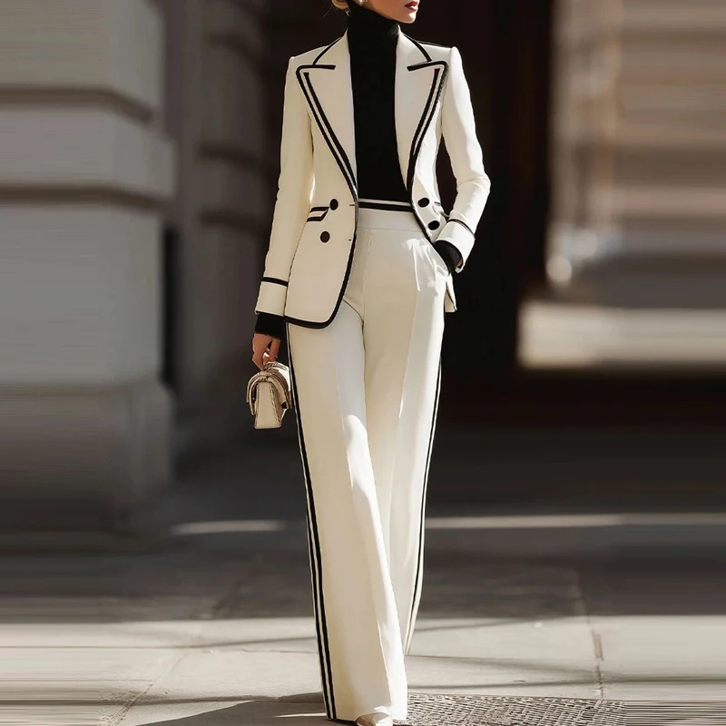 Completo Primaverile/Estivo: Pantaloni Slim Fit e Blazer a Maniche Lunghe con Risvolto, Set Elegante da Donna con Contrasto di Colore per l'Ufficio