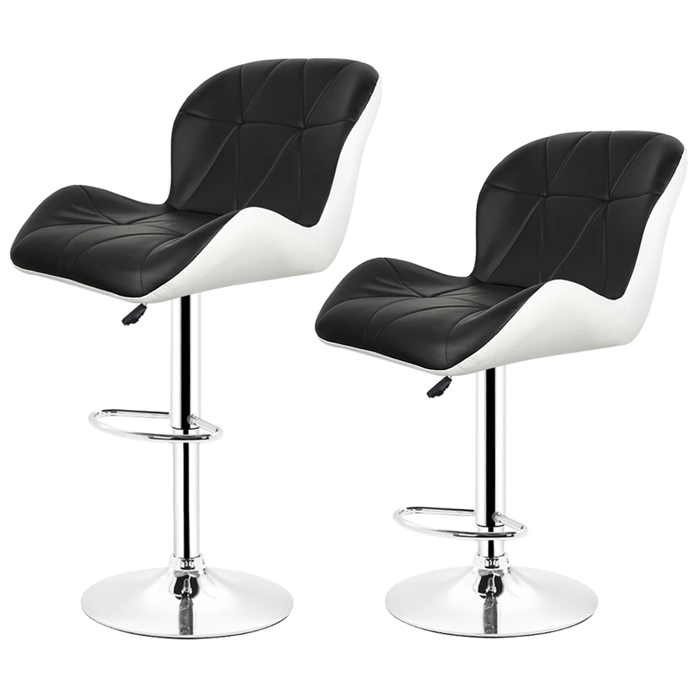 Sgabello da caffè, set da 2, sgabello da bancone, sedia da bar, sedia lounge, sedia imbottita con schienale in metallo e similpelle, regolabile in altezza, girevole, Nero Bianco