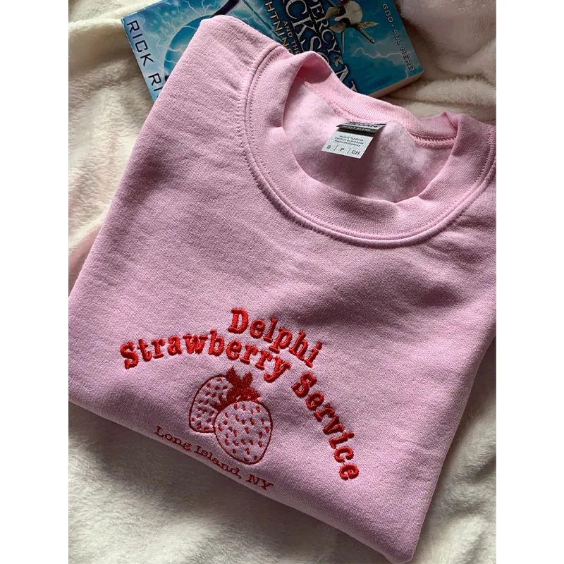 Delphi Erdbeere Service Frauen Bestickt Sweatshirts Rosa Lose Baumwolle Langarm Jumper Vintage Stil Casual Pullover