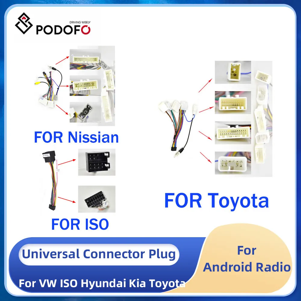 Podofo 2 din auto Android radio kabel für Volkswagen ISO Hyundai Kia Honda Toyota Nissan Ford Universal Adapter Stecker Stecker Image