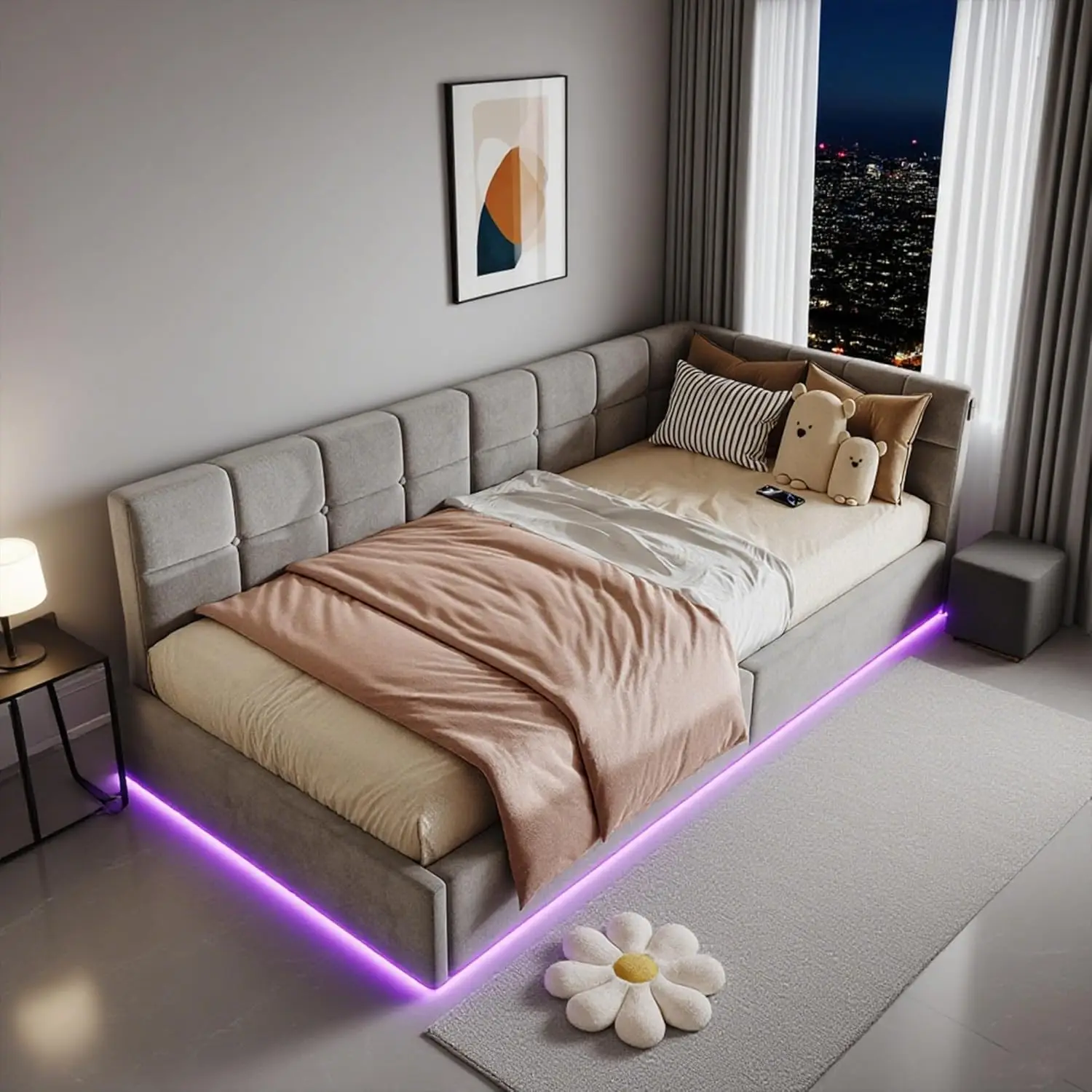 Rosahqnda Gepolstertes Kinderbett mit LED- und USB-Anschlüssen, Jugendbett 90x200 cm mit hydraulischem Stauraum, Tagesbett