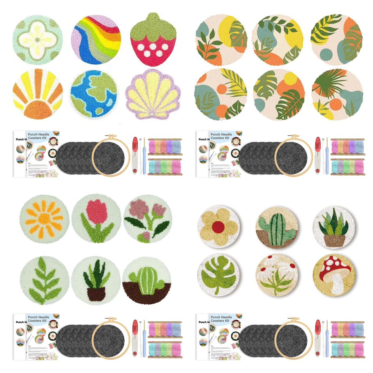 Punch Needle Untersetzer-Set für Anfänger und Erwachsene, 6-teilig, Pflanzenmuster, Stickerei, Punch-Nadel-Sets, getufteter Teppich, Punch-Dekoration Image