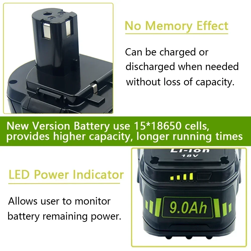 P108 9,0 Ah/6,0 Ah Li-Ionen-Akku für Ryobi 18 V Elektrowerkzeug-Akku P107 P106 P105 P102 RB18L60 RB18L50 RB18L40 LED-Anzeige Image
