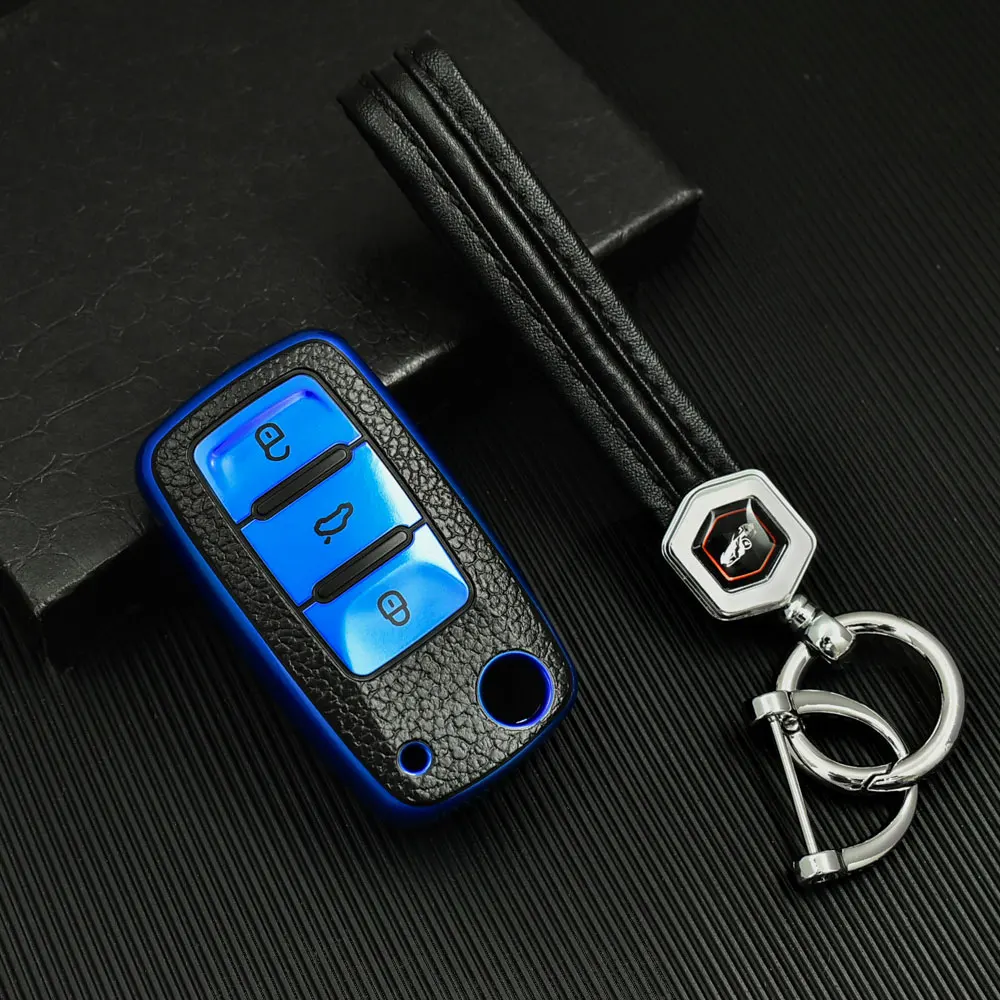 Leder-TPU-Autoschlüsselhülle für Volkswagen VW Polo Golf Passat Tiguan Beetle Caddy T5 Up Eos Skoda Octavia Seat Leon Altea Image