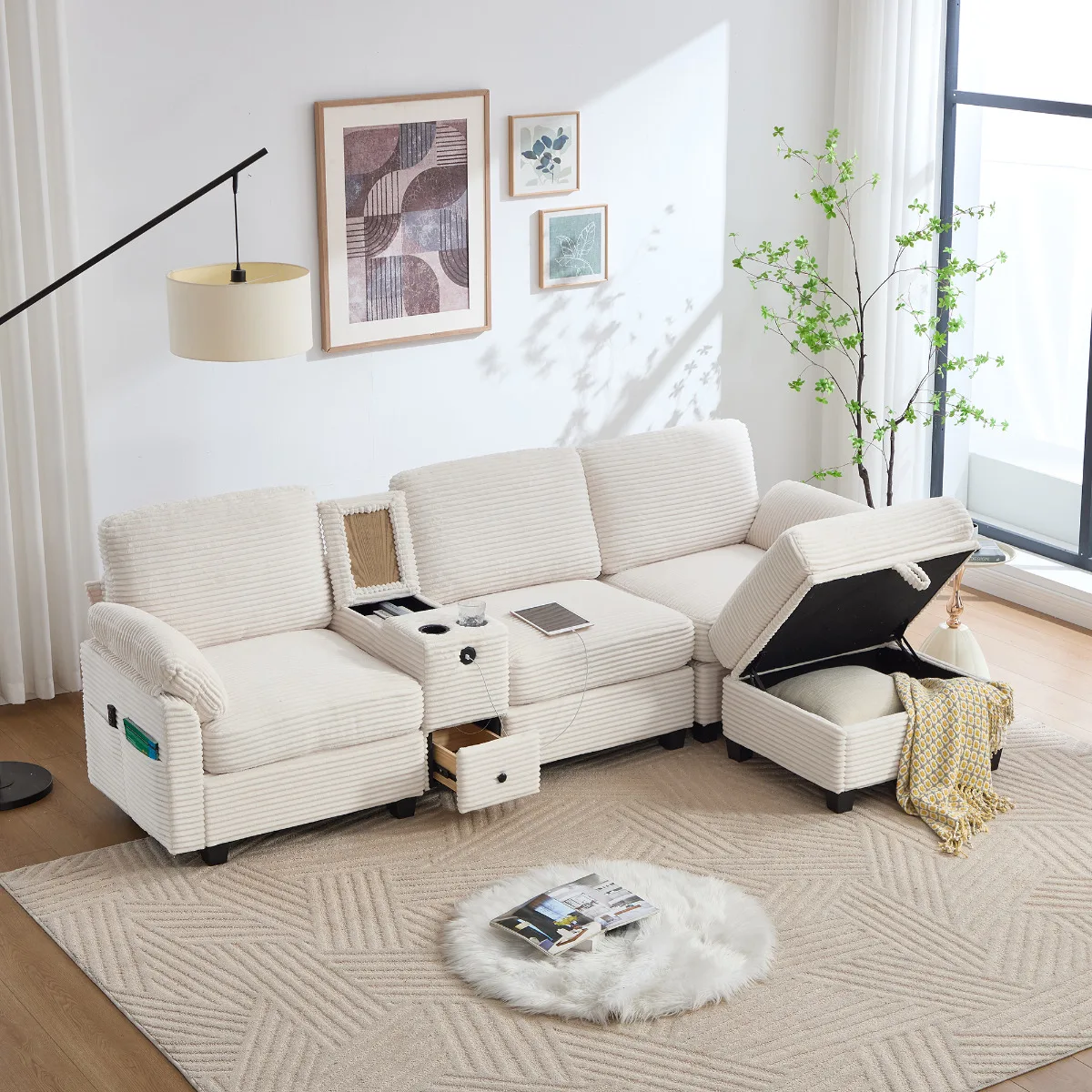 Übergroßes Cord-Sofa mit Schaumstoffkissen, inklusive Konsole, USB-C-Anschluss, Seitentasche, Schublade und mobilem Ottoman Image