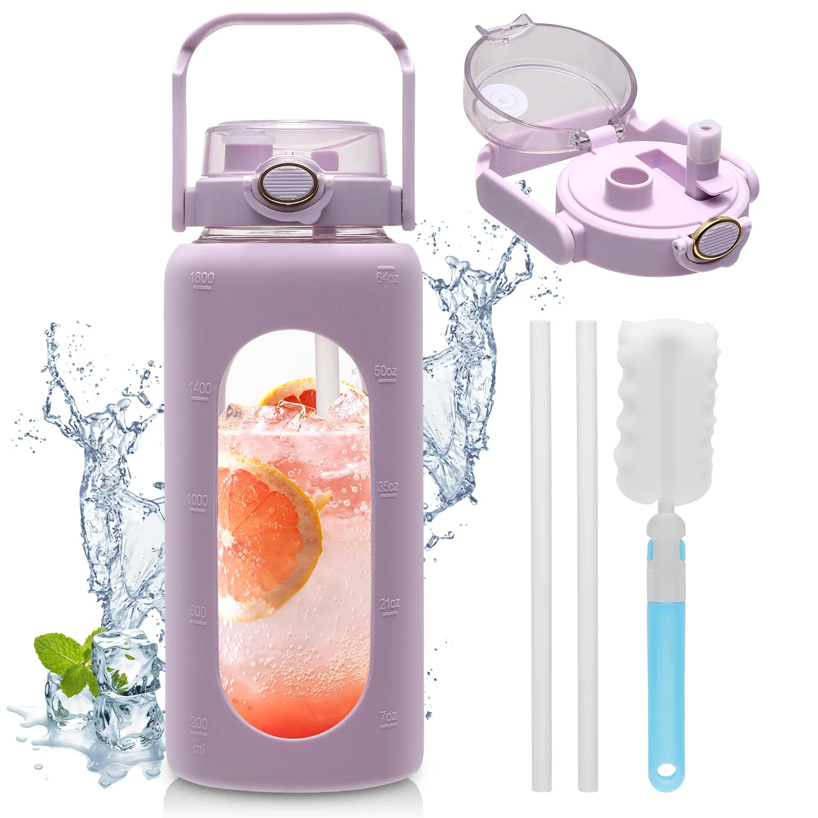 Glasflasche 64OZ - Wasserflasche 2L Glas mit Strohhalm und Tassenbürste Große Wasserflasche mit schützender Silikonhülle für Reisen Image
