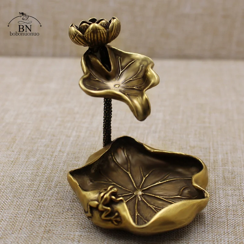 Antike Messing Lotus Blatt Rückfluss Weihrauch Brenner Dekorationen Feste Reine Kupfer Frosch Lotus Teich Räuchergefäß Halter Ornamente Tee Haustiere Image