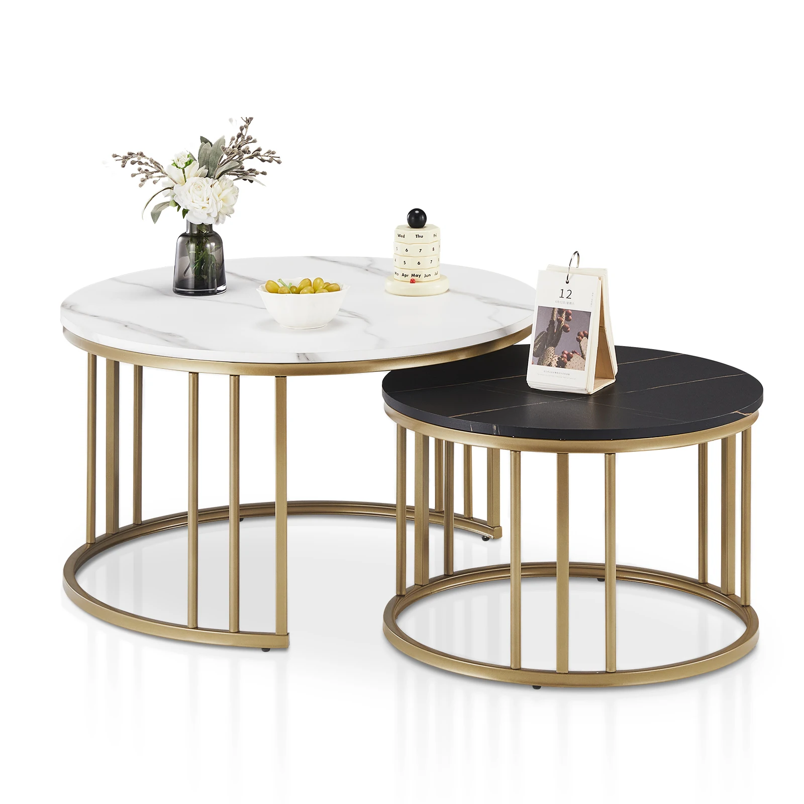 Runder Couchtisch, 2er-Set Beistelltisch mit goldenem Metallrahmen Image