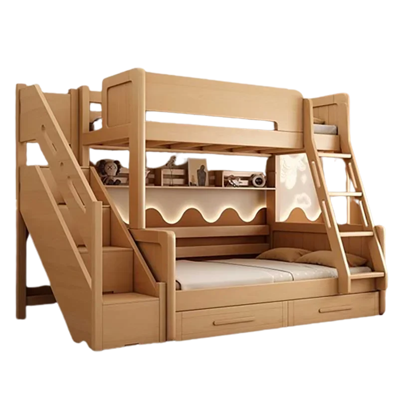 Postmodernes Massivholz Kinder-Doppelbett Etagenbett Kleines Modernes Multifunktionales Plattformbett Image