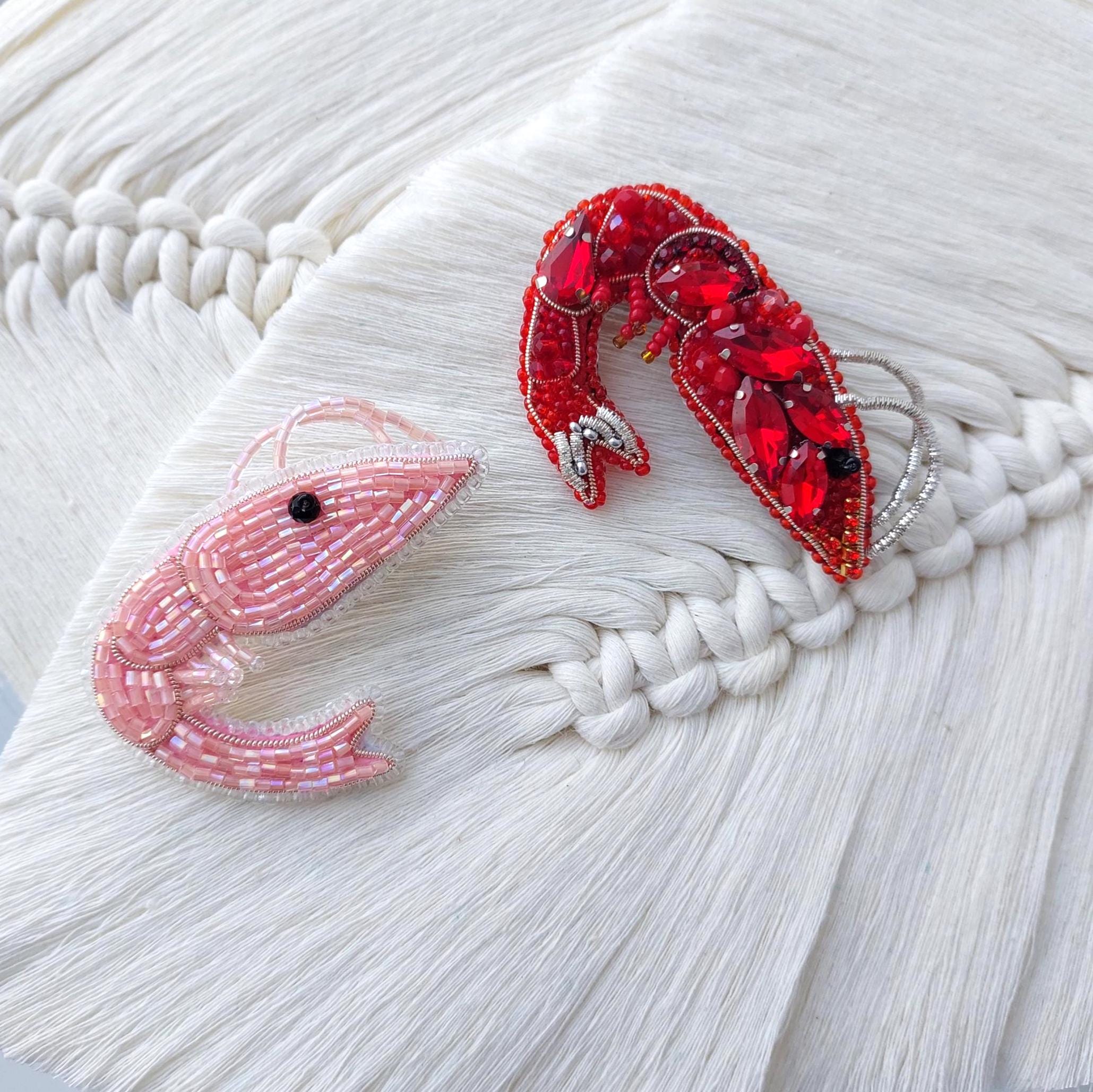 Spilla a forma di gambero fatta a mano, spilla a forma di aragosta rossa, gioielli con perline a forma di creature marine, spilla con cristalli di gam