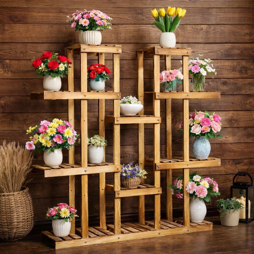 Supporto per piante in legno a più livelli, scaffale per piante da interno ed esterno, espositore per vasi di fiori, scaffale per piante in legno natu