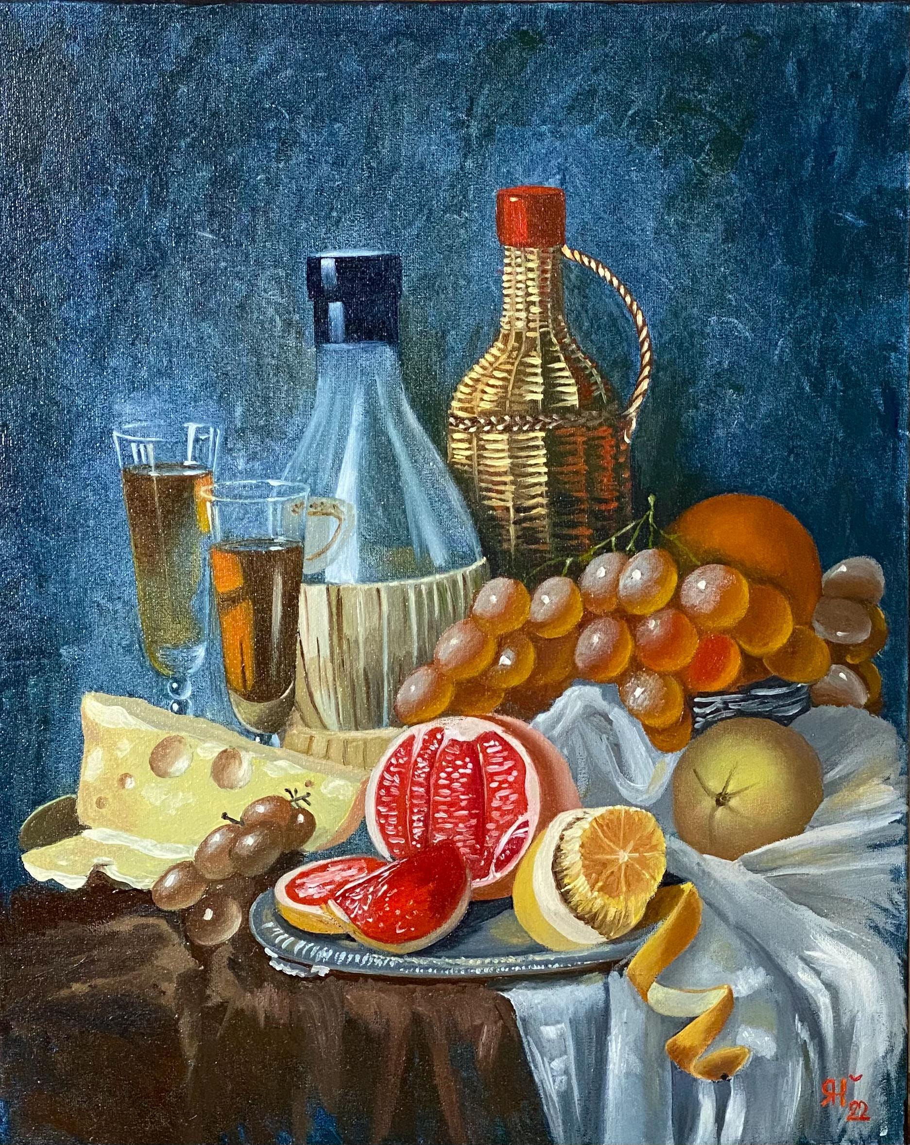 Natura morta con formaggio, dipinto a olio - Arte murale realistica per cucina, decorazioni con vino e frutta, natura morta classica su tela, 40 x 50