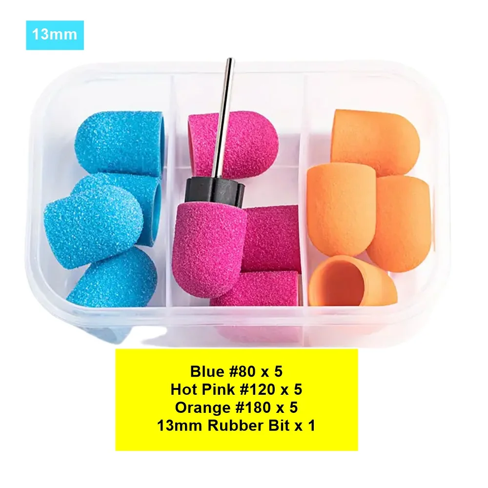 15 Stück 13 x 19 mm Schleifkappen + 1 Schleifkappen Schaft Nagelbohrer Polierset, professionelle Nagelpolierkappen zum Entfernen von Acryl Image