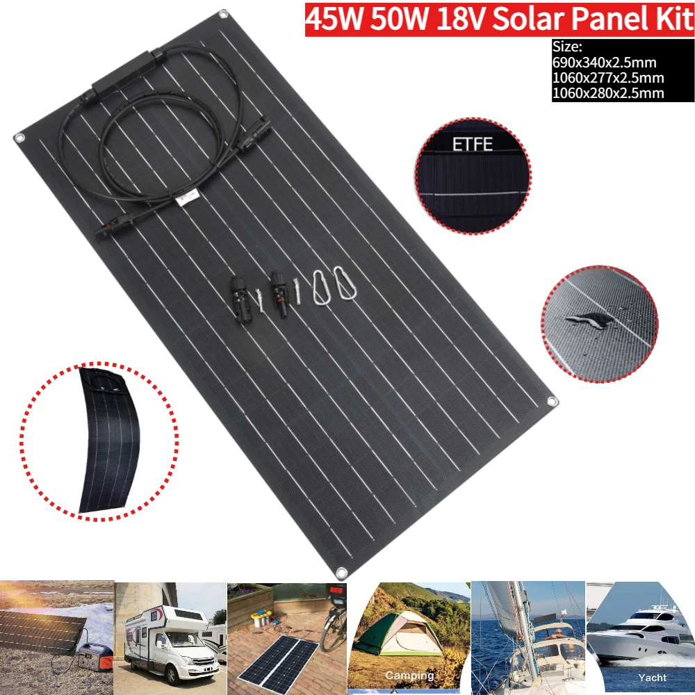 45 W 50 W 18 V ETFE Flexibles monokristallines Solarpanel Solarkabelzellen-Batteriesystem-Kit für das Aufladen von Marine-Camping-Booten und Wohnmobilen Image