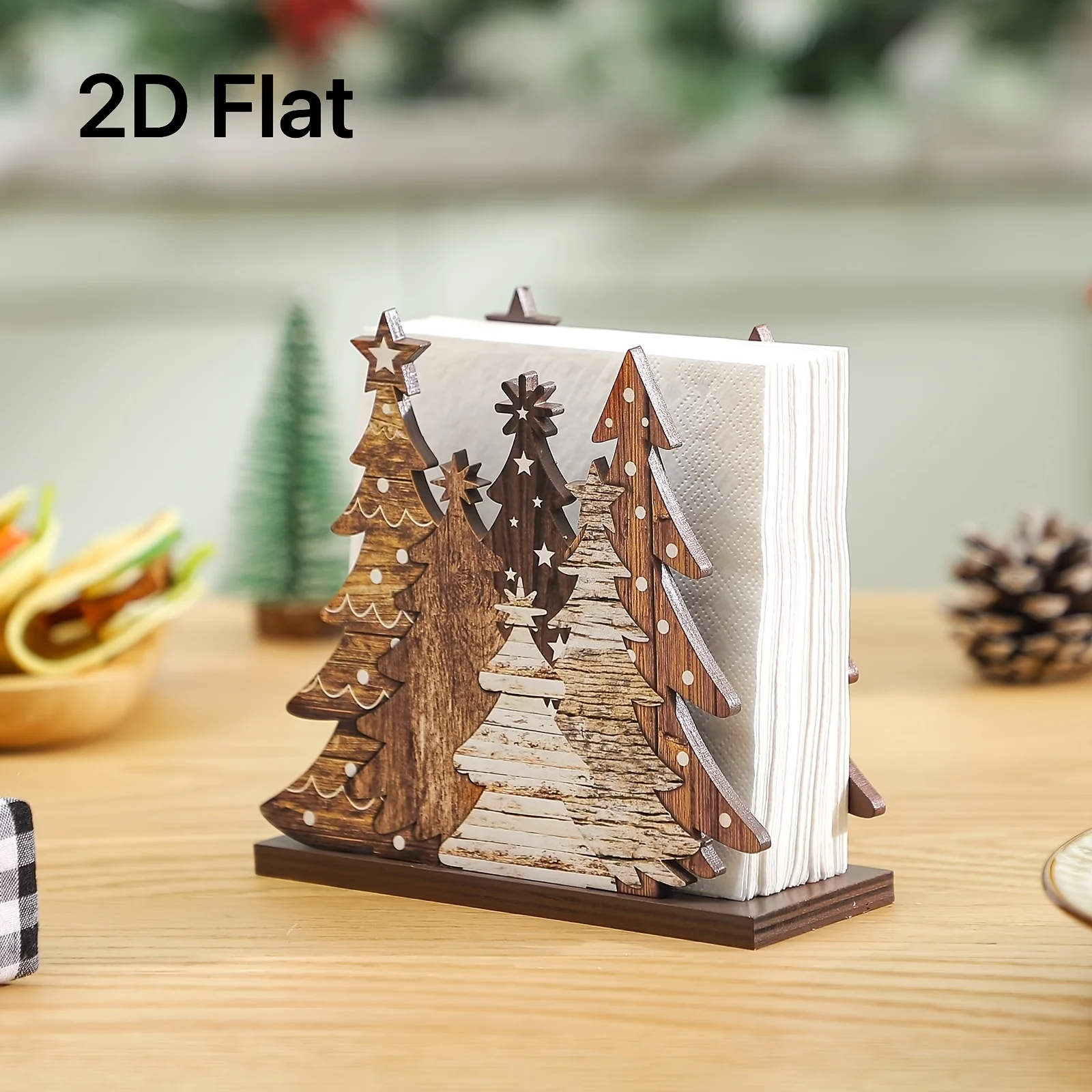 1 Stück 2D flacher Weihnachtsbaum-Taschentuchhalter – stabiler Tisch-Serviettenspender, rustikale Feiertagsdekoration für Zuhause, Schreibtischpartys Image