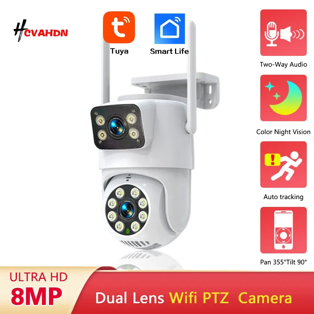 Tuya 8MP 4K WiFi-Kamera mit zwei Objektiven und zwei Bildschirmen mit KI-Menschenverfolgung und Erkennung für die Smart Life Surveillance Image