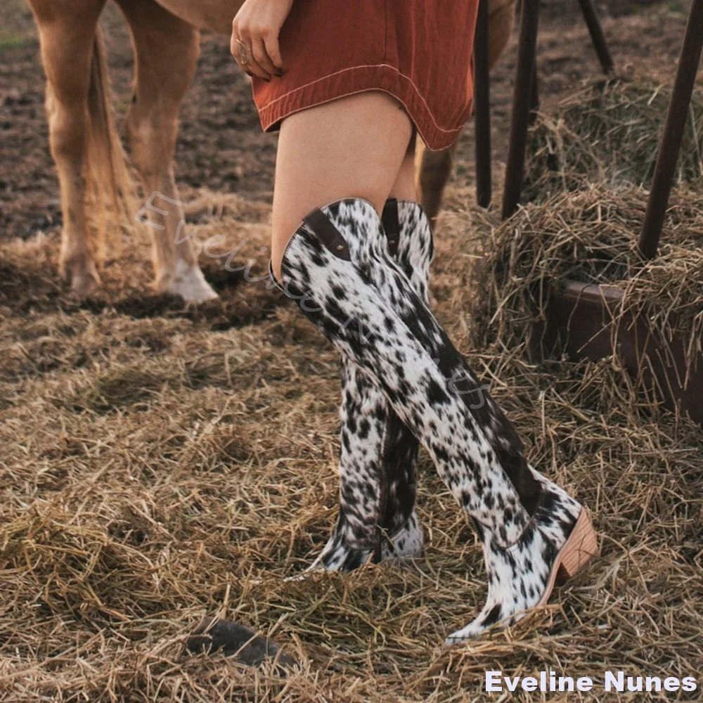 Western-Cowboystiefel mit Leopardenmuster für Damen, runde Zehenpartie, klobiger Absatz, Slip-on-Kniehohe Stiefel, gemischte Farben, modisches Design, Ritterstiefel Image