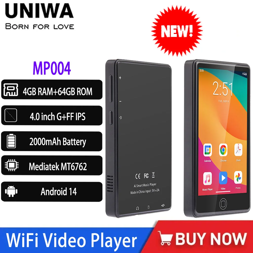 UNIWA MP004 MP4-Player Android 14 mit Bluetooth und WiFi 4 Zoll 4+64 GB 2000 mAh MP3-MP4-Player WhatsApp YouTube, die Sim verwenden können Image