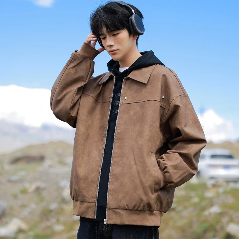 Koreanische Mode PU Leder Jacke Männer Trendy Casual Braun Zipper Biker Jacken Lose Revers Leder Motorrad Uniform Windjacke