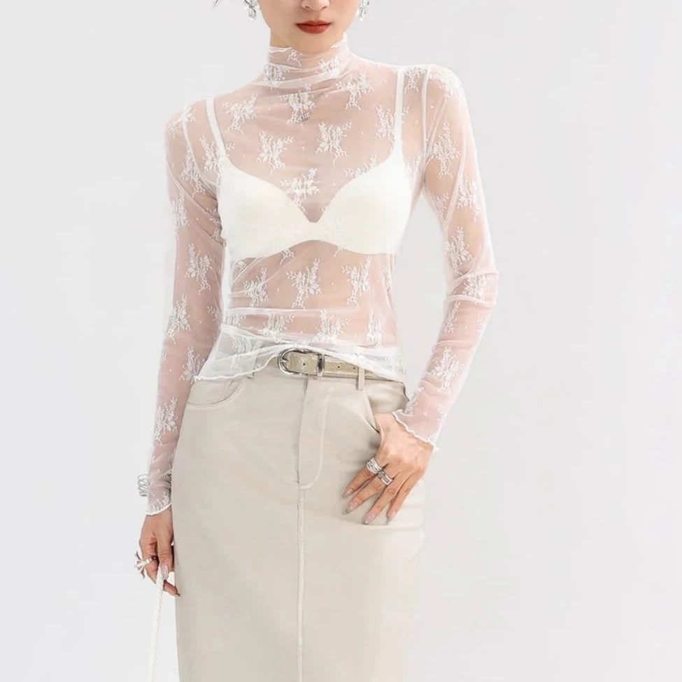 Sexy durchsichtiges Mesh-Langarm-Layering-Top für Damen, Stehkragen, Blumenspitze, T-Shirt, durchsichtiges T-Shirt, Bluse