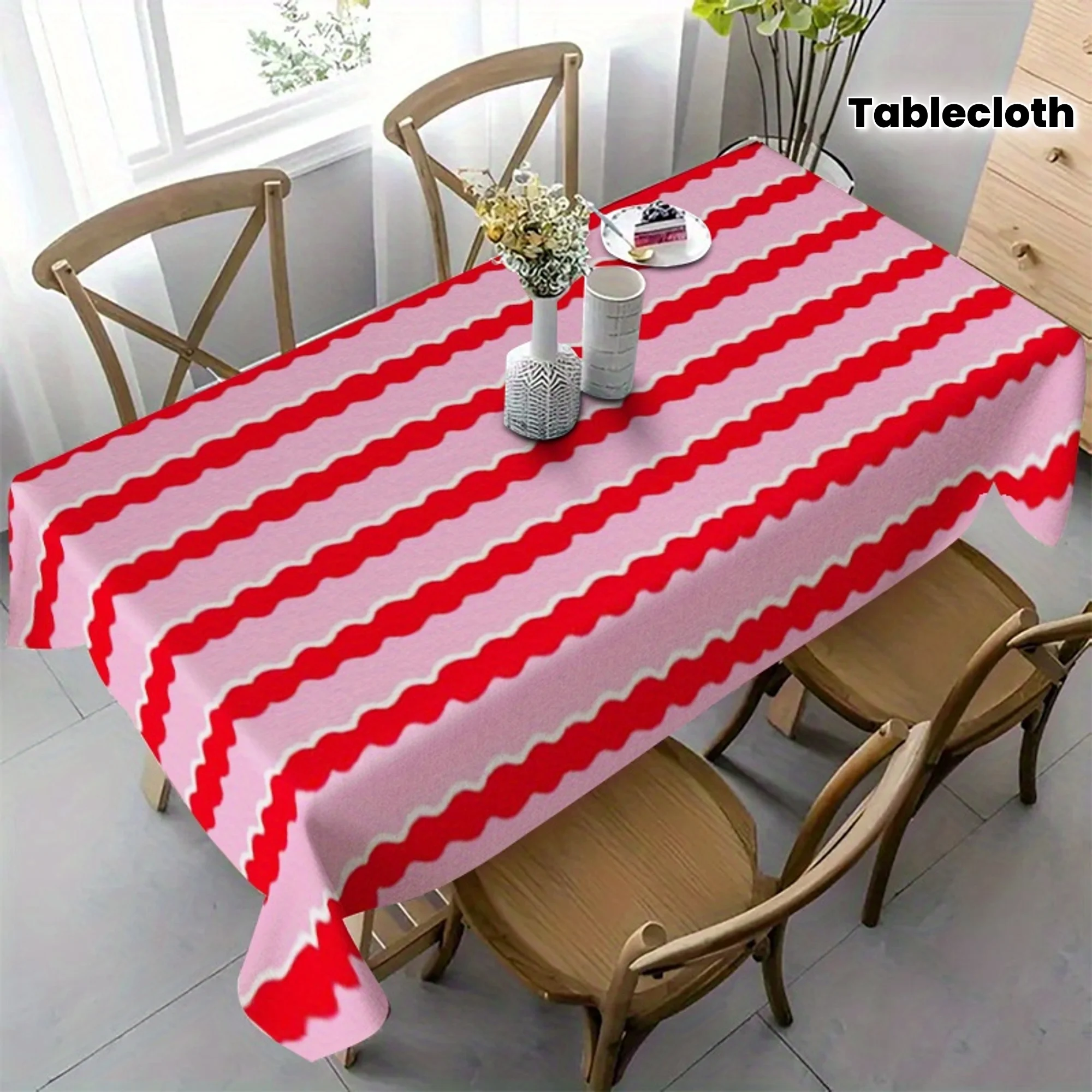 1 bunte gestreifte rechteckige Tischdecke, lebendige rote und rosa Polyester-Tischdecke, geeignet für die Küchendekoration Image